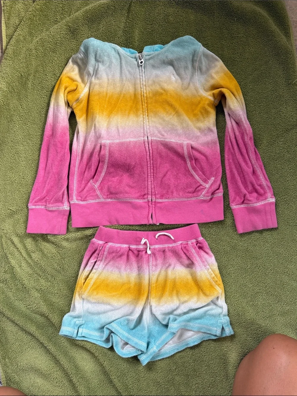 Polo by Ralph Lauren Girls Ombre Pink Yellow Blue Terry Hoodie & Shorts